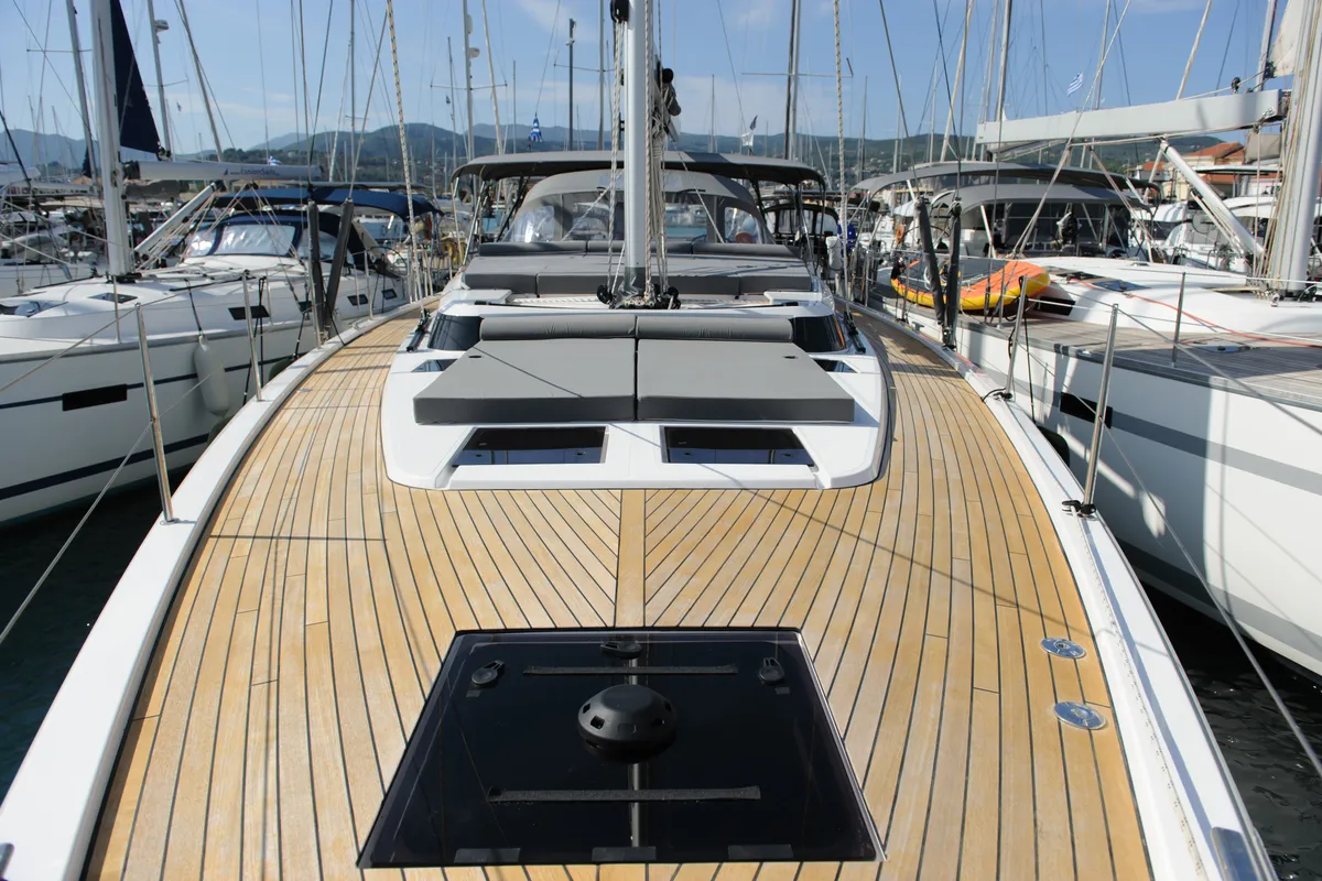 Deck of Friends, a Bavaria C57 sailboat at Municipal Unit of Lefkada, Greece