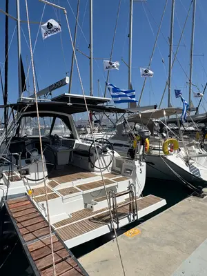 Cockpit of Fata Morgana, a Beneteau Oceanis 41 sailboat at Kos, Greece