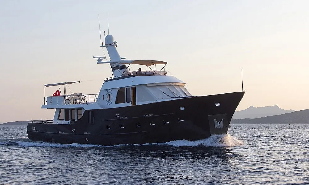 Exterior view of Troy Explorer, a Chung Hwa Boat Building Co. Ltd Trawler 77 motor yacht at Bodrum, Turkey