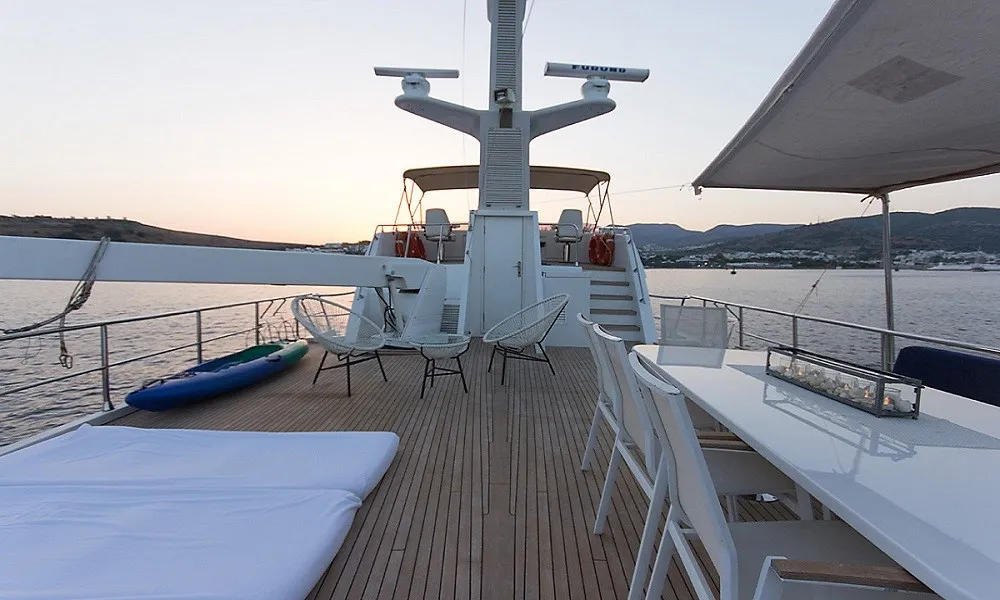 Deck of Troy Explorer, a Chung Hwa Boat Building Co. Ltd Trawler 77 motor yacht at Bodrum, Turkey