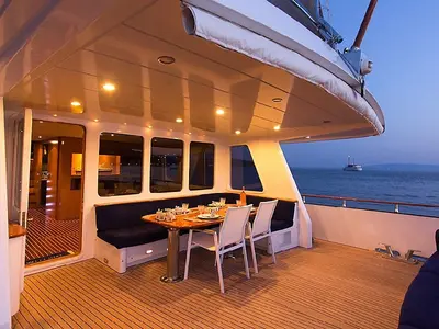Deck of Troy Explorer, a Chung Hwa Boat Building Co. Ltd Trawler 77 motor yacht at Bodrum, Turkey