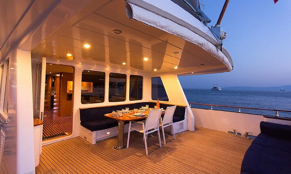 Deck of Troy Explorer, a Chung Hwa Boat Building Co. Ltd Trawler 77 motor yacht at Bodrum, Turkey
