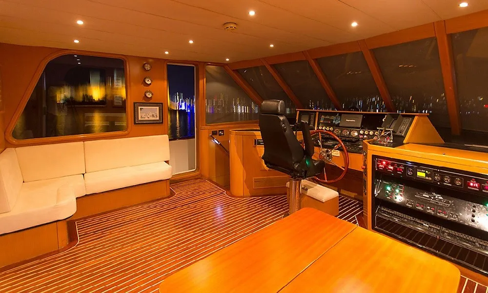 Cockpit of Troy Explorer, a Chung Hwa Boat Building Co. Ltd Trawler 77 motor yacht at Bodrum, Turkey