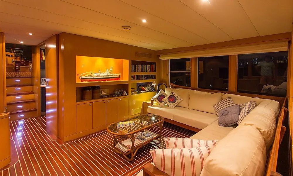 Salon of Troy Explorer, a Chung Hwa Boat Building Co. Ltd Trawler 77 motor yacht at Bodrum, Turkey
