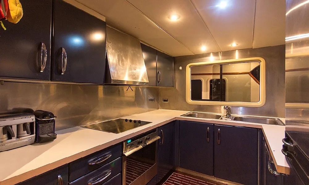 Galley of Troy Explorer, a Chung Hwa Boat Building Co. Ltd Trawler 77 motor yacht at Bodrum, Turkey