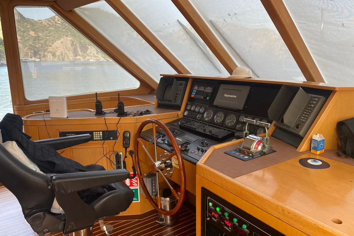 Deck of Troy Explorer, a Chung Hwa Boat Building Co. Ltd Trawler 77 motor yacht at Bodrum, Turkey