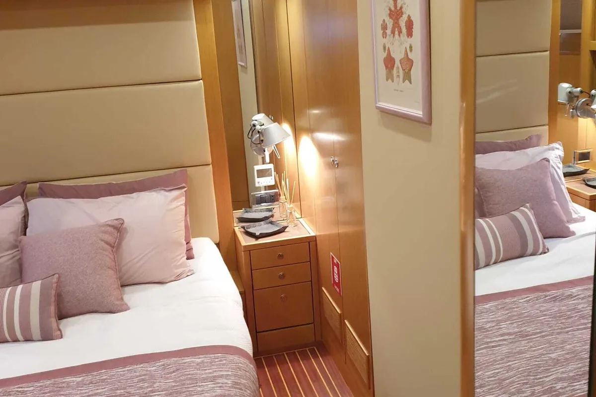 Cabin on Troy Explorer, a Chung Hwa Boat Building Co. Ltd Trawler 77 motor yacht at Bodrum, Turkey