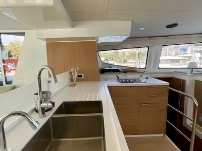 Galley of Romar VI, a Bali 4.6 catamaran at Athens, Greece