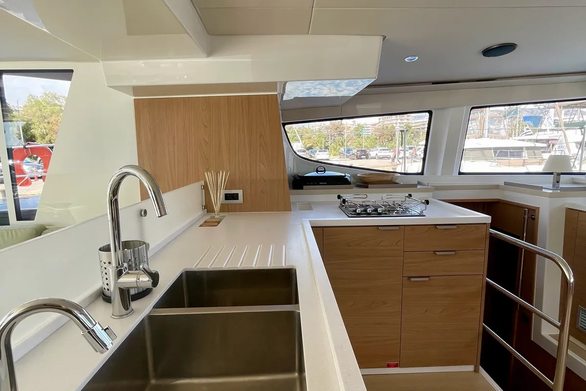 Galley of Romar VI, a Bali 4.6 catamaran at Athens, Greece