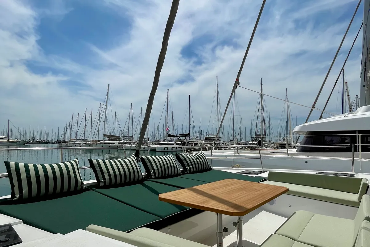 Deck of Romar VI, a Bali 4.6 catamaran at Athens, Greece