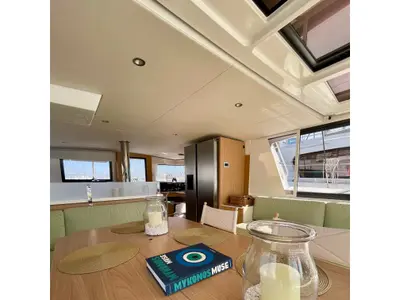 Salon of Romar VI, a Bali 4.6 catamaran at Athens, Greece