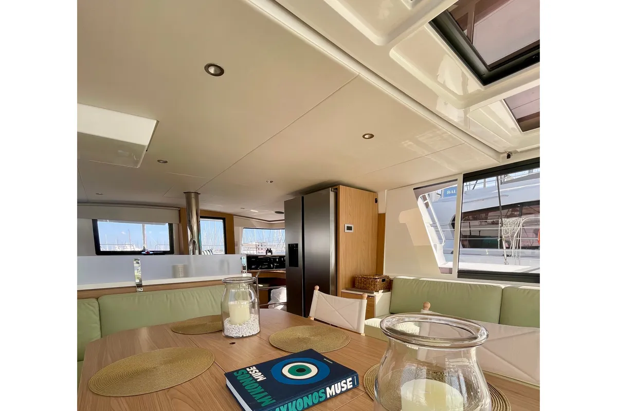 Salon of Romar VI, a Bali 4.6 catamaran at Athens, Greece
