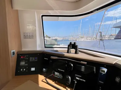 Cockpit of Romar VI, a Bali 4.6 catamaran at Athens, Greece