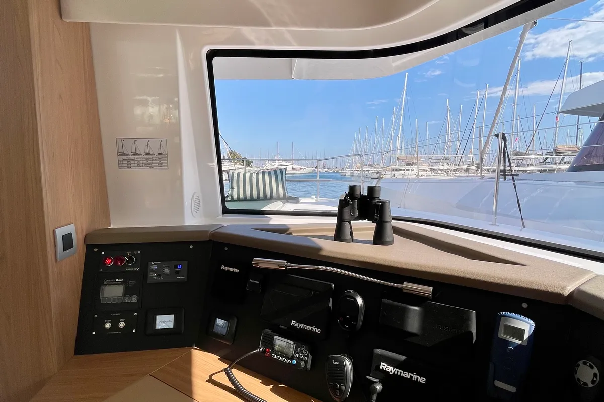 Cockpit of Romar VI, a Bali 4.6 catamaran at Athens, Greece