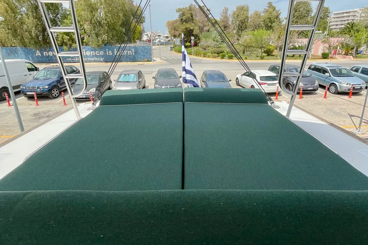 Deck of Romar VI, a Bali 4.6 catamaran at Athens, Greece