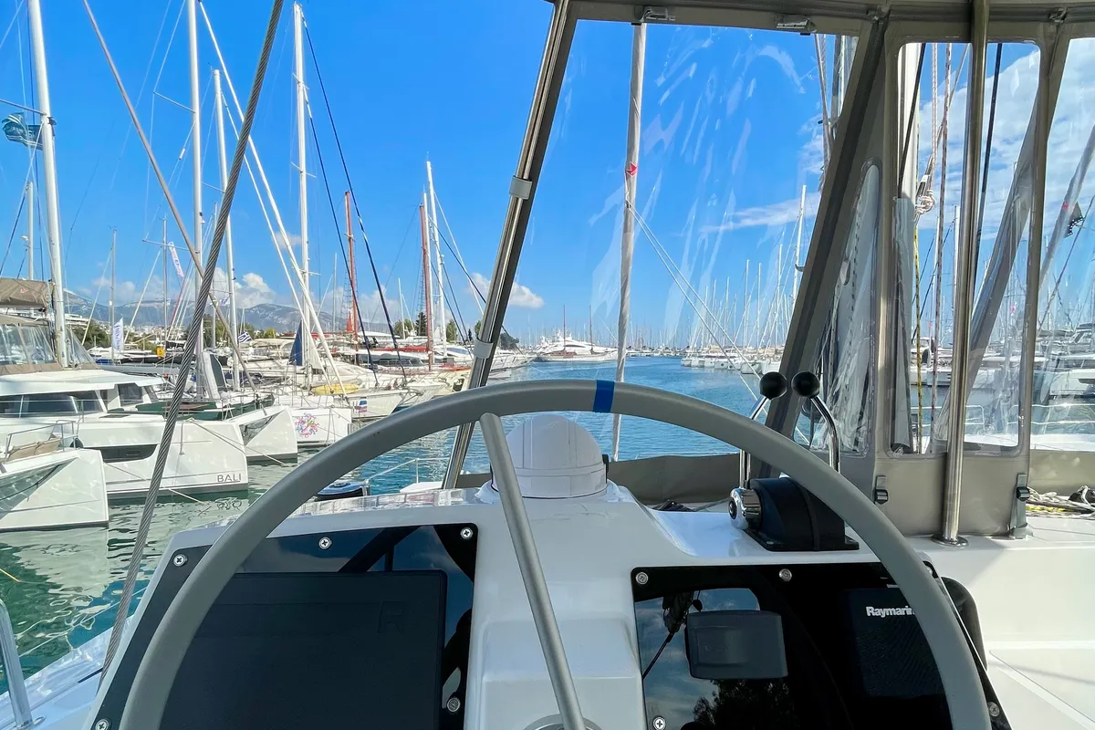 Cockpit of Romar VI, a Bali 4.6 catamaran at Athens, Greece