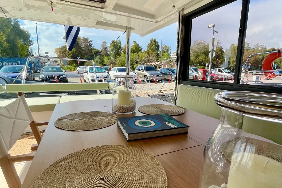 Deck of Romar VI, a Bali 4.6 catamaran at Athens, Greece