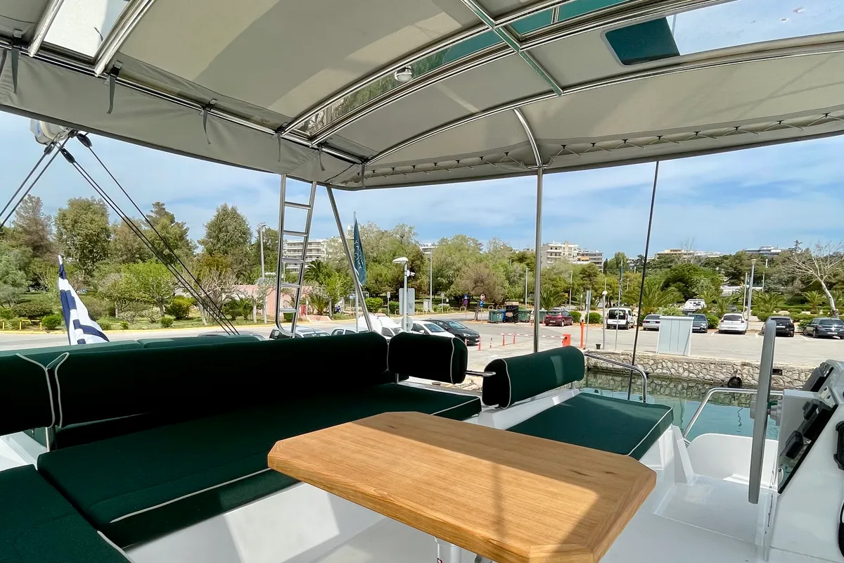 Deck of Romar VI, a Bali 4.6 catamaran at Athens, Greece