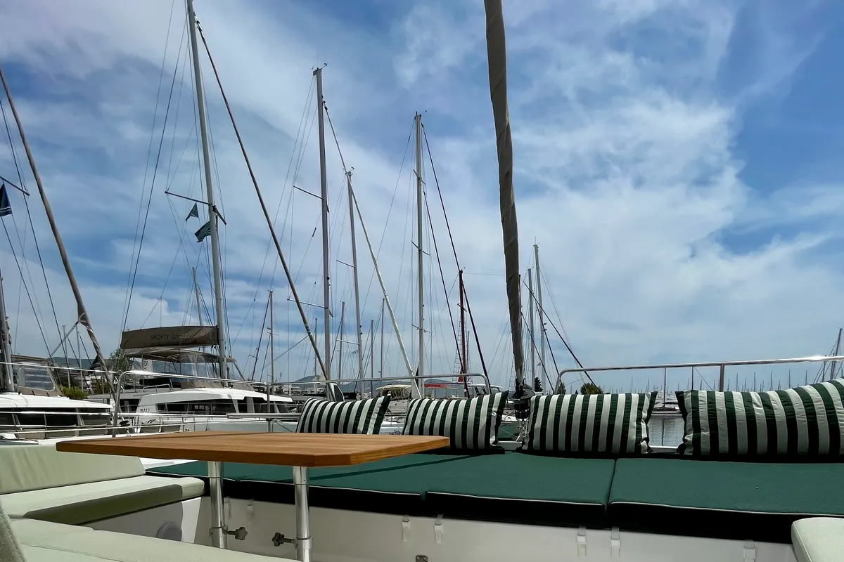 Deck of Romar VI, a Bali 4.6 catamaran at Athens, Greece