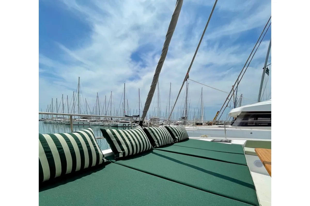 Deck of Romar VI, a Bali 4.6 catamaran at Athens, Greece