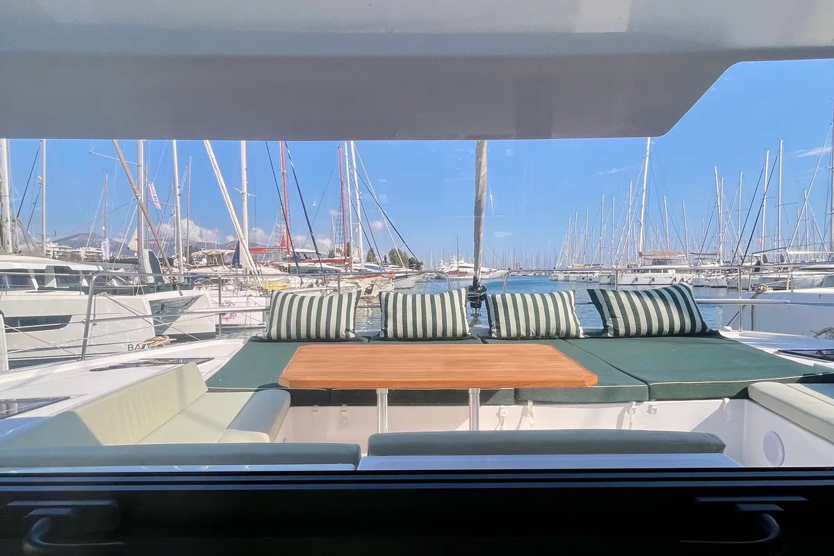 Deck of Romar VI, a Bali 4.6 catamaran at Athens, Greece