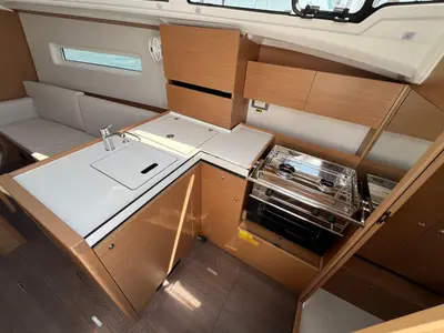 Galley of All in, a Jeanneau Sun Odyssey 350 sailboat at Nettuno, Italy