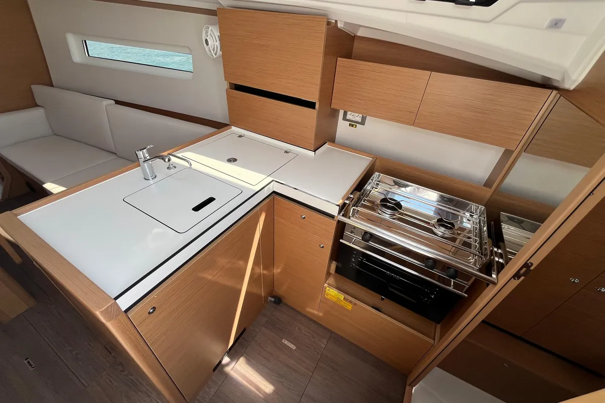 Galley of All in, a Jeanneau Sun Odyssey 350 sailboat at Nettuno, Italy