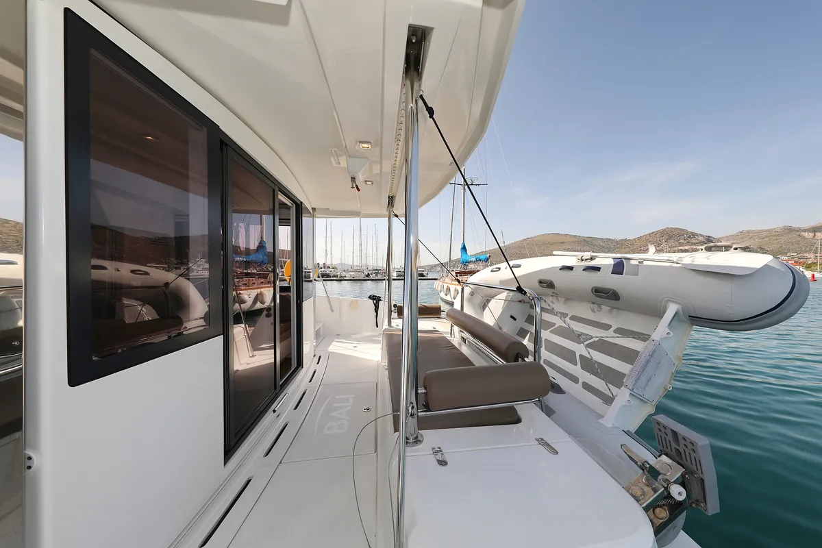Deck of Escape I, a Bali 4.1 catamaran at Grad Trogir, Croatia