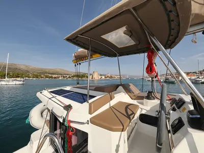 Cockpit of Escape I, a Bali 4.1 catamaran at Grad Trogir, Croatia