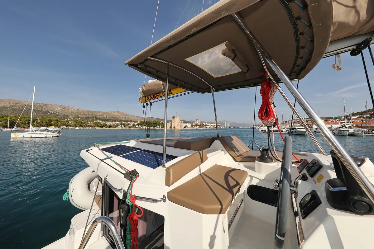 Cockpit of Escape I, a Bali 4.1 catamaran at Grad Trogir, Croatia