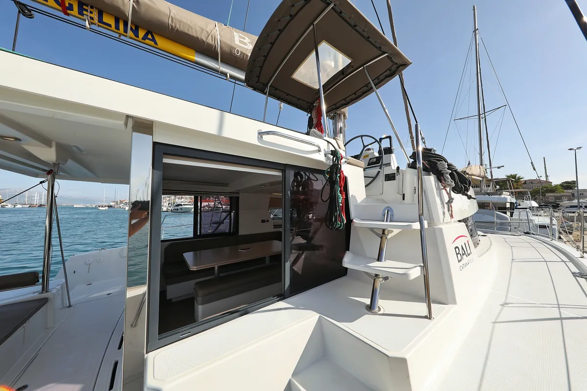 Deck of Escape I, a Bali 4.1 catamaran at Grad Trogir, Croatia