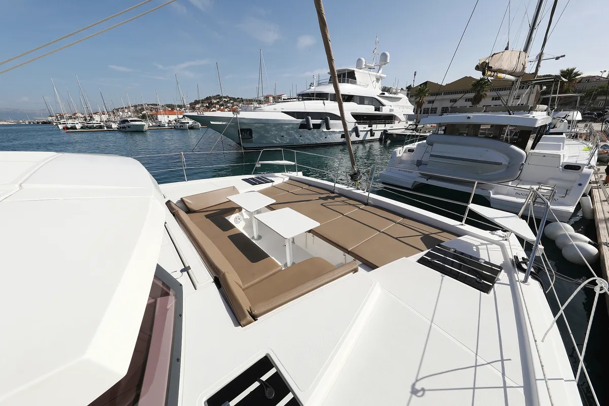 Deck of Escape I, a Bali 4.1 catamaran at Grad Trogir, Croatia