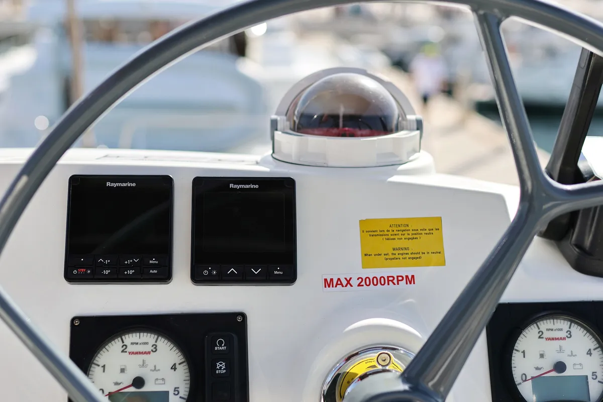 Cockpit of Escape I, a Bali 4.1 catamaran at Grad Trogir, Croatia