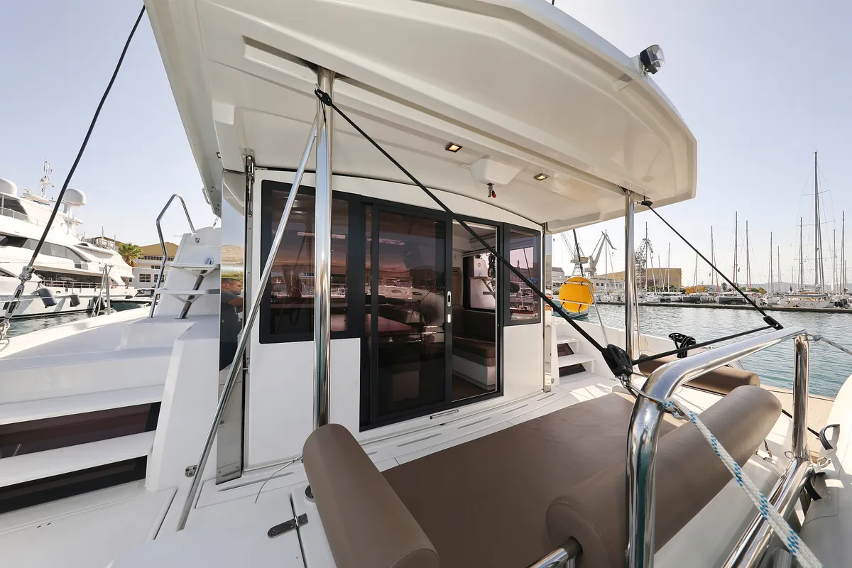 Deck of Escape I, a Bali 4.1 catamaran at Grad Trogir, Croatia
