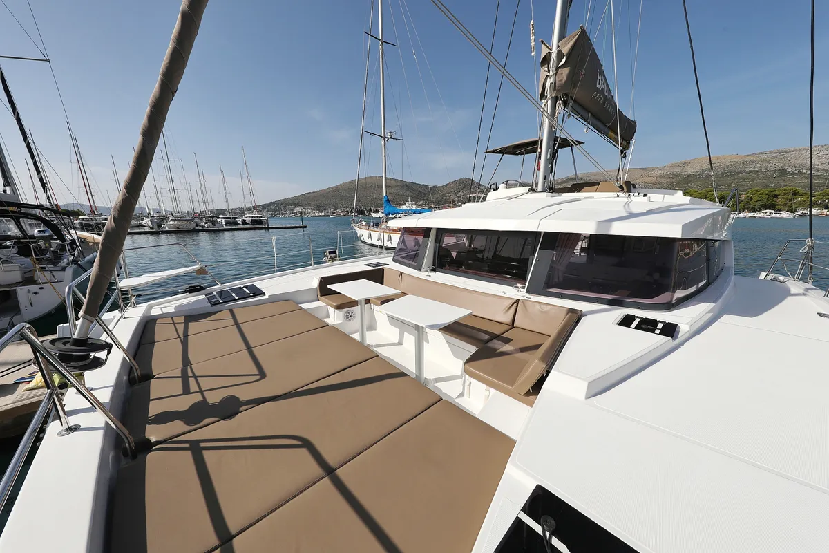 Deck of Escape I, a Bali 4.1 catamaran at Grad Trogir, Croatia