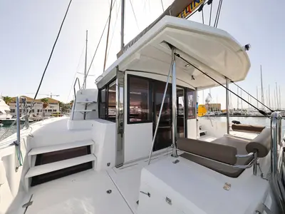 Deck of Escape I, a Bali 4.1 catamaran at Grad Trogir, Croatia