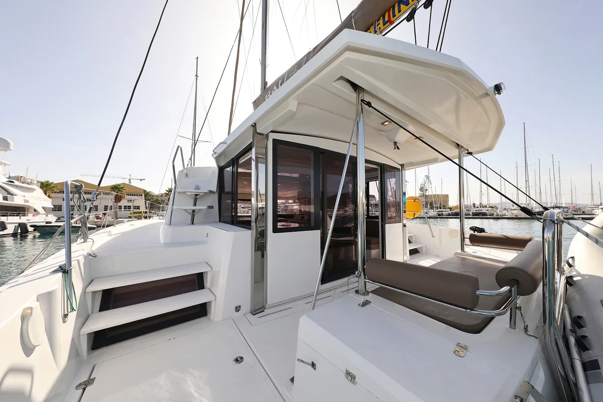 Deck of Escape I, a Bali 4.1 catamaran at Grad Trogir, Croatia