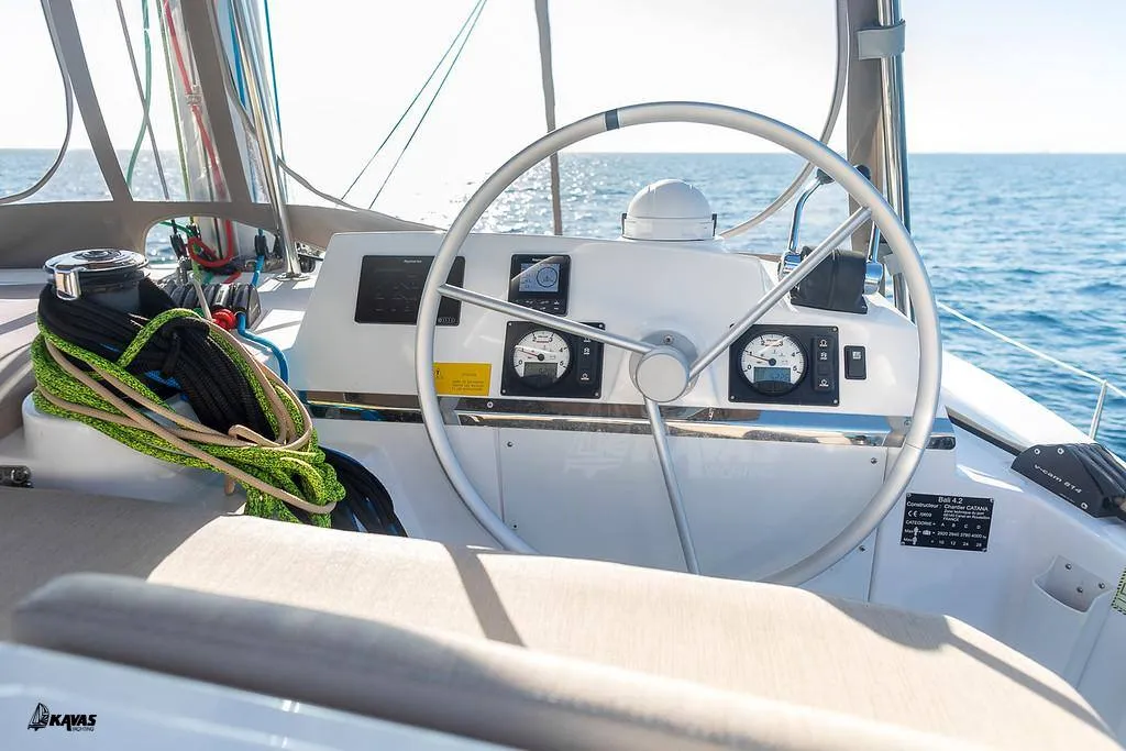 Cockpit of Kos 42.8, a Bali 4.2 catamaran at Athens, Greece