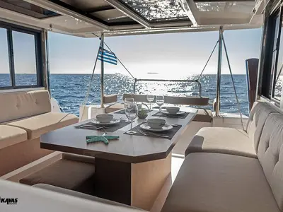 Salon of Kos 42.8, a Bali 4.2 catamaran at Athens, Greece