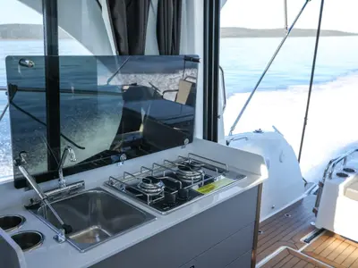 Galley of M & N, a Beneteau Antares 9 OB motorboat at Zadar, Croatia