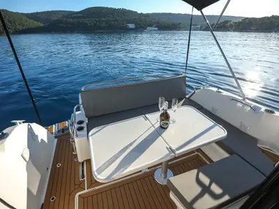 Deck of M & N, a Beneteau Antares 9 OB motorboat at Zadar, Croatia