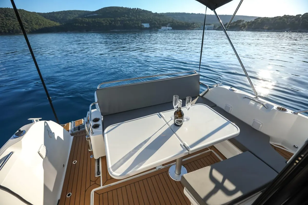 Deck of M & N, a Beneteau Antares 9 OB motorboat at Zadar, Croatia