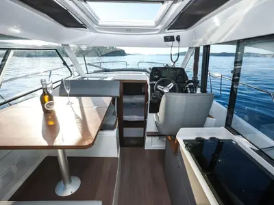 Cockpit of M & N, a Beneteau Antares 9 OB motorboat at Zadar, Croatia