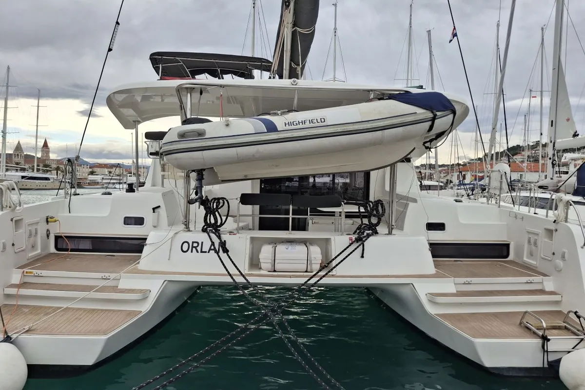 Exterior view of Orlan, a Lagoon 42 catamaran at Grad Šibenik, Croatia