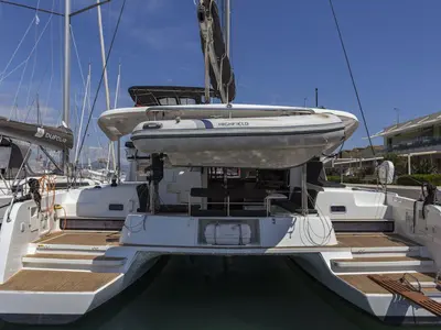 Exterior view of Orlan, a Lagoon 42 catamaran at Grad Šibenik, Croatia
