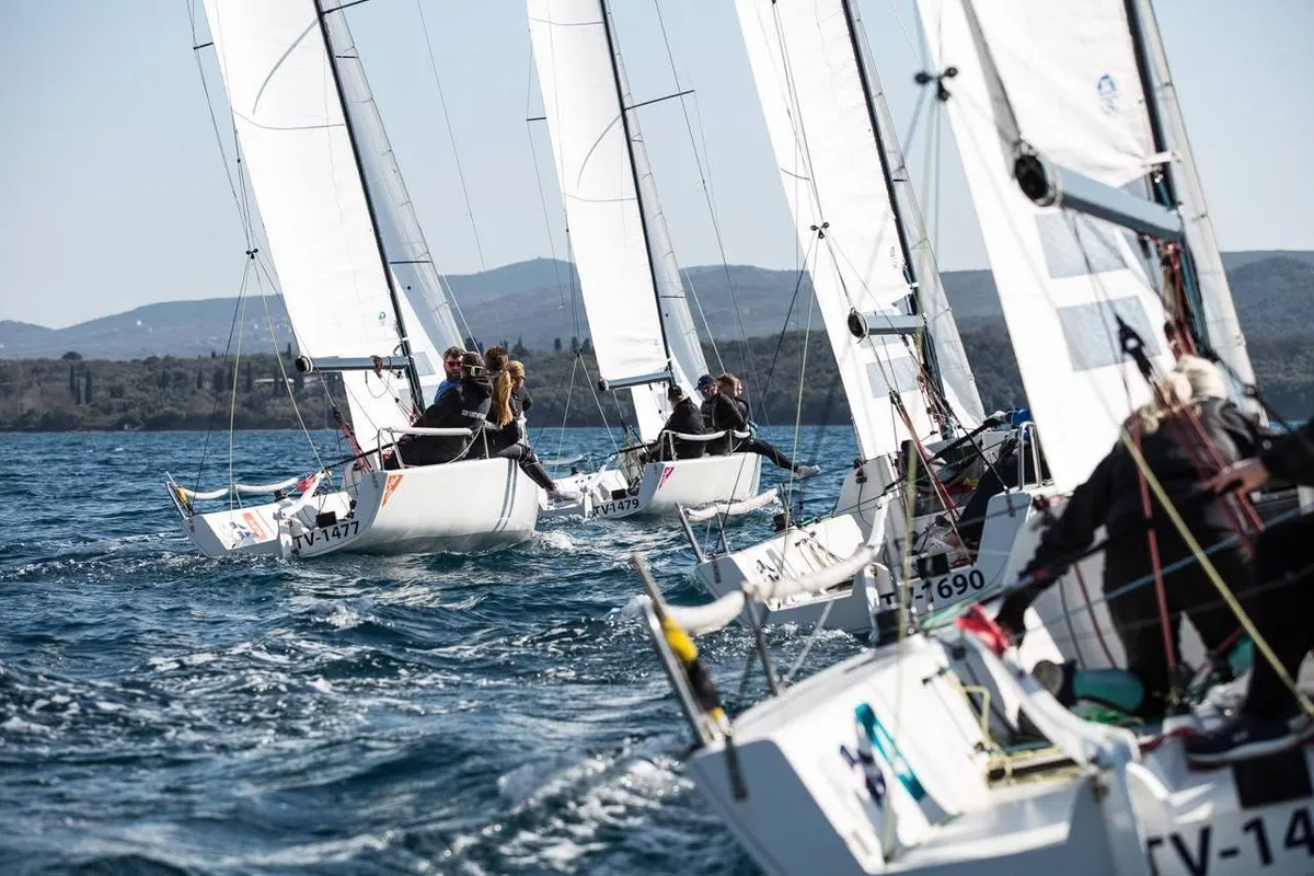 Montenegro J70 Racing fleet, 9 boats in Porto Montenegro, a J/Boats J70 sailboat at Tivat, Montenegro