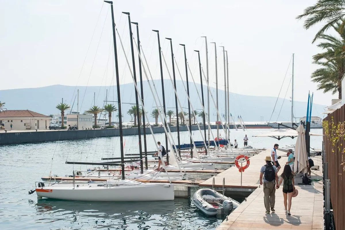 Montenegro J70 Racing fleet, 9 boats in Porto Montenegro, a J/Boats J70 sailboat at Tivat, Montenegro