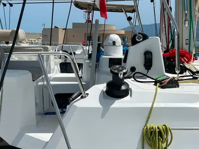 Cockpit of Wow, a Bali Catspace catamaran at Capo d'Orlando, Italy