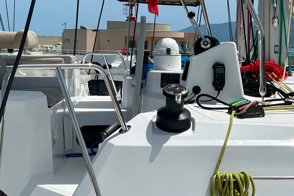 Cockpit of Wow, a Bali Catspace catamaran at Capo d'Orlando, Italy