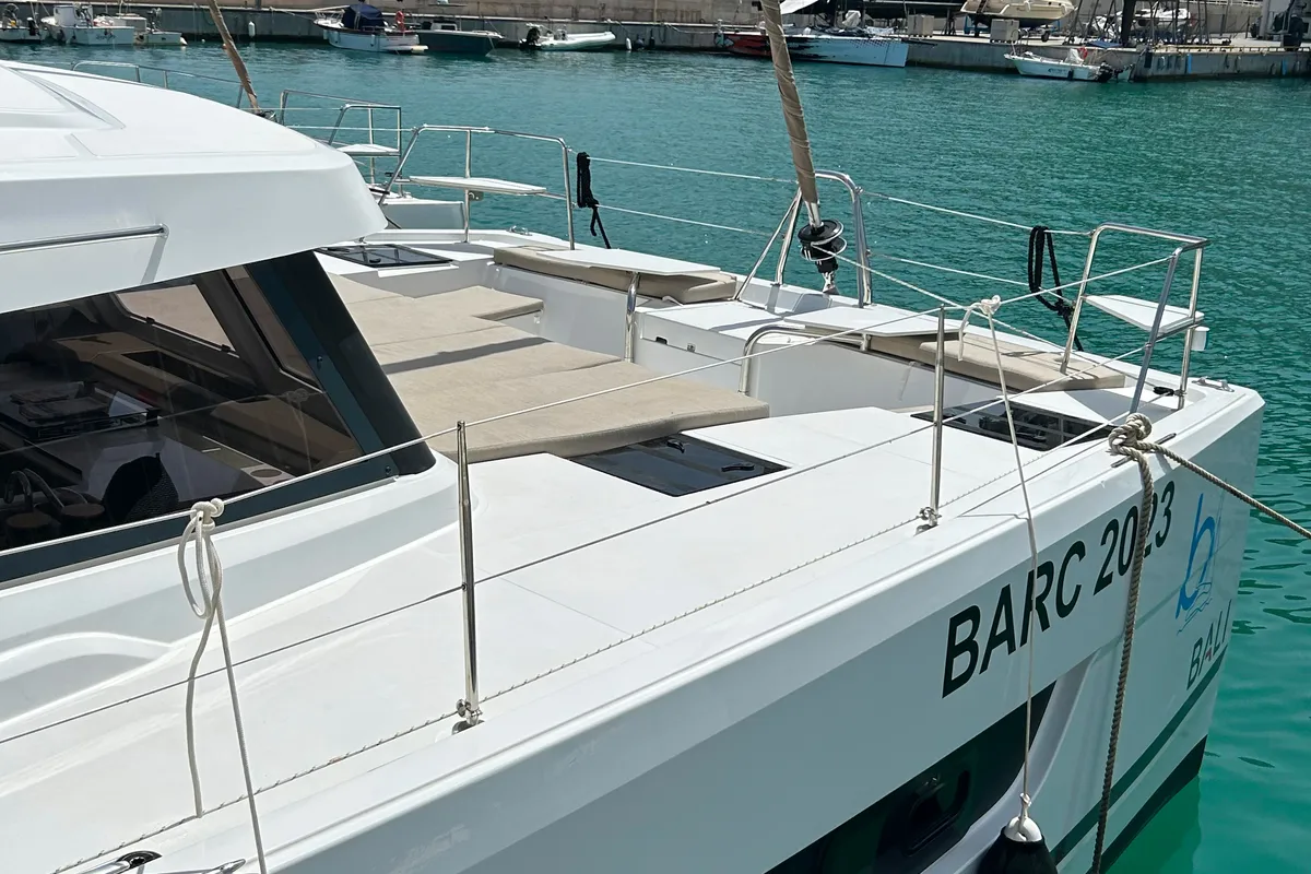 Deck of Wow, a Bali Catspace catamaran at Capo d'Orlando, Italy